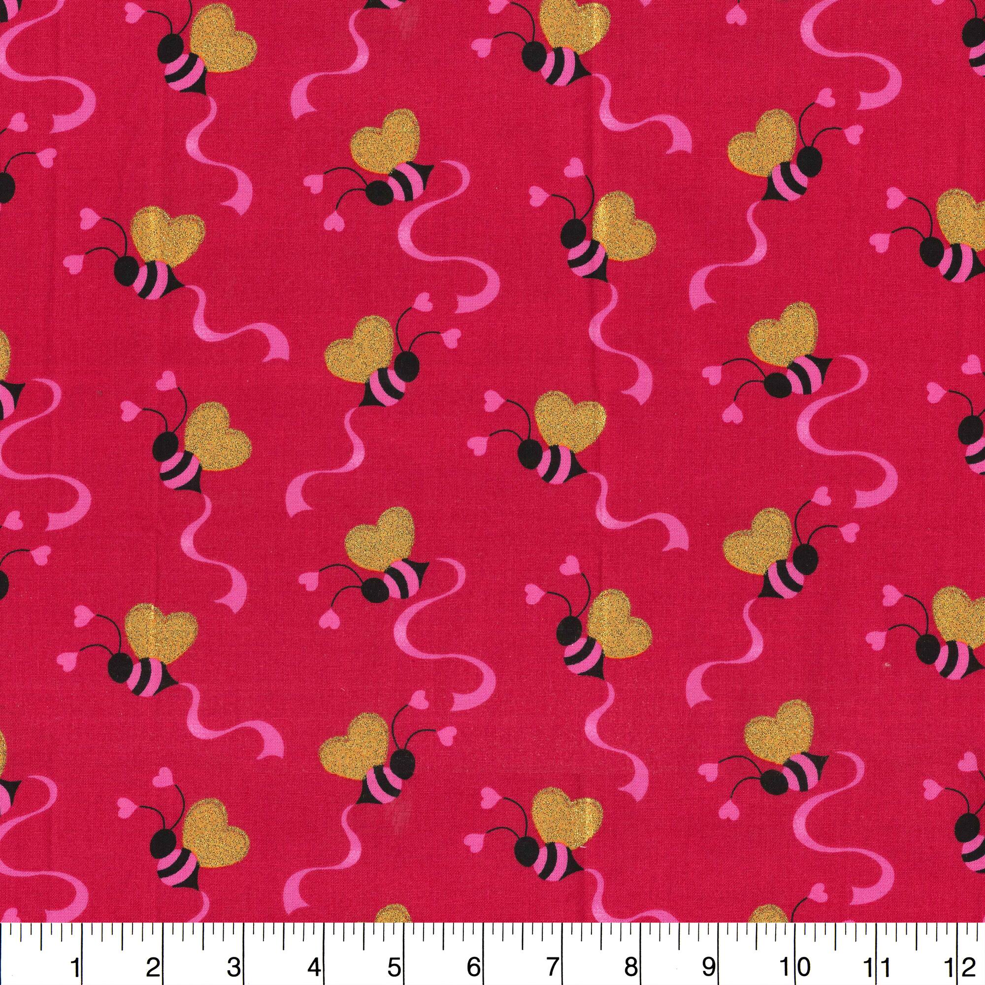 Fabric Traditions Valentine's Tossed Bees & Hearts Glitter Cotton Fabric